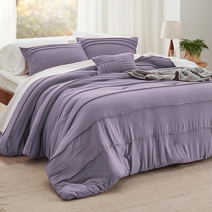 Bedsure California King Comforter Set - 4 Pieces Pinch Pleat Bed Set, Purple Boho Bedding for All Season, 1 Soft Comforter, 2 Pillowcases, 1 Decorative Pillow