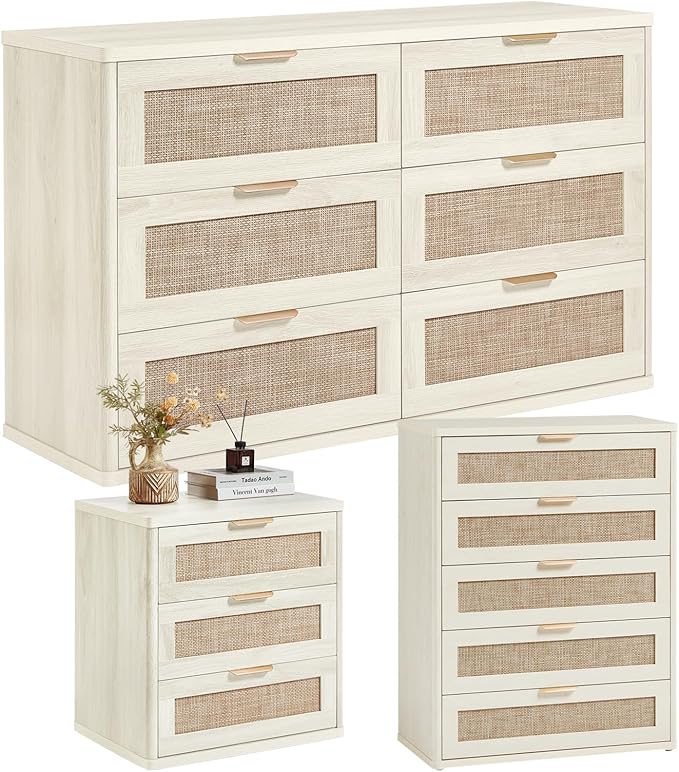 LEYAOYAO Rattan Dresser and Nightstand Sets 3, Boho Wood Dresser for Bedroom with 6 Drawers and Night Stand with 3 Drawer, Bedroom Furniture, Dressers & Chests of Drawers, Living Room, Hallway