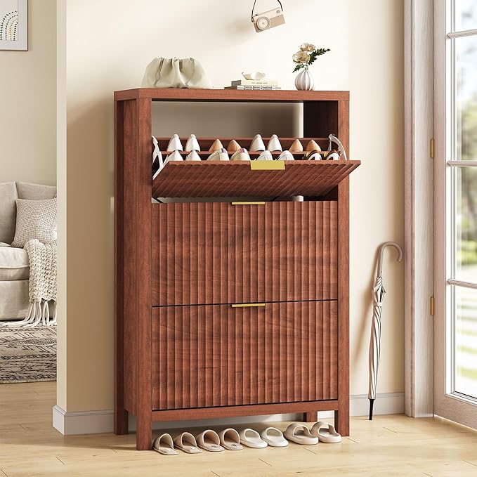 Shoe Cabinet Storage for Entryway, Fluted Shoe Cabinet with 3 Flip Drawers, Hidden Shoe Rack Tall Freestanding Shoe Organizer with Legs for Hallway, Walnut
