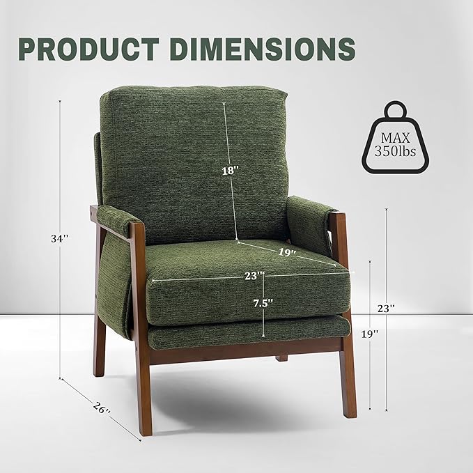 Green Accent Chairs for Living Room Set of 2, Modern Arm Chairs for Bedroom, Wooden Upholstered Mid Century Accent Chairs, Fabric