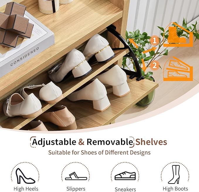 Narrow Shoe Cabinet with 2 Flip Drawers for Entryway,Wood Slim Shoe Rack Cabinet, Freestanding Hidden Shoe Storage Organizer, Space-Saving, Round Fluted Pattern for Hallway, Living Room (Natural)