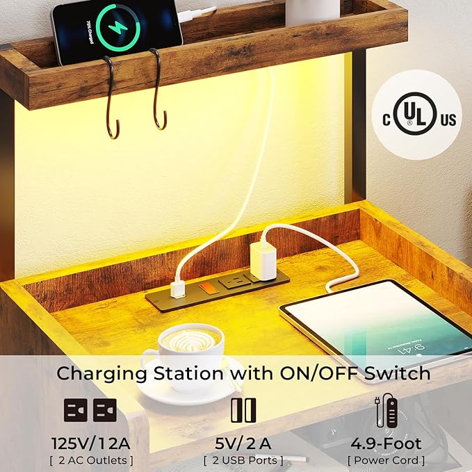 VIAGDO Rustic Brown Nightstands Set of 2 with Charging Station and LED Lights, LED Night Stand Set 2 with Drawer, Rustic End Side Table with Open Storage Shelves, Bedside Tables for Bedroom, Office