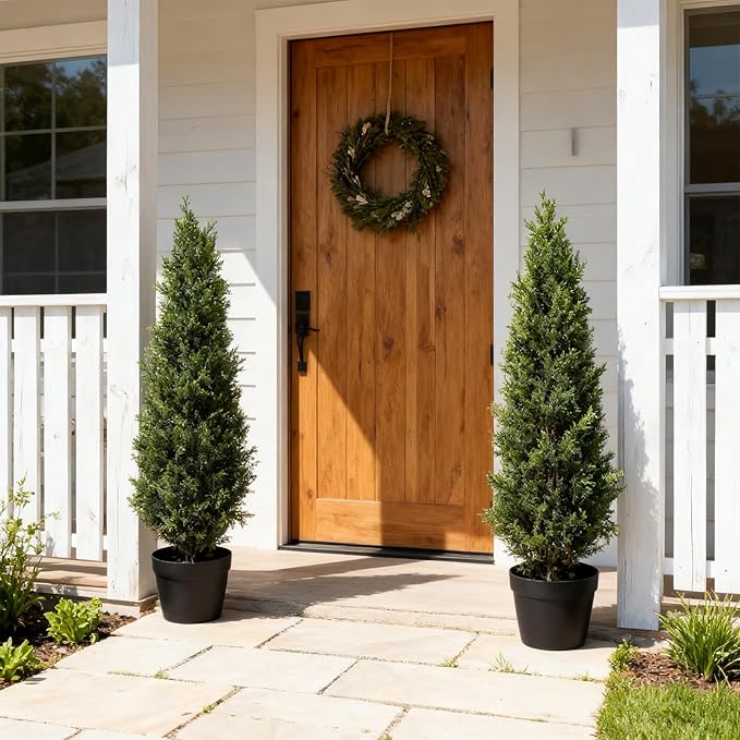 Artificial Topiary Cedar Trees 3FT Tall, Outdoor Indoor Faux Pine Shrubs Plants, Realistic Fake Plants Front Porch Decor, for Front Porch Decor Patio Offices Living Room, Set of 2