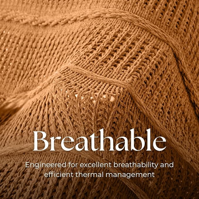 Boho Knitted Chenille Blanket with Tassels - Lightweight & Soft All-Season Throw - 3D Classic Pattern for Living Room Bedroom Couch, Amber Brown, Queen 90"x90"