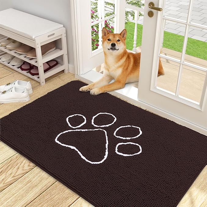 OLANLY Dog Door Mat for Muddy Paws 48x30, Paw Print Design, Absorbs Moisture and Dirt, Absorbent Non-Slip Washable Doormat, Quick Dry Chenille Mud Mat for Dogs, Entry Indoor Entryway Carpet, Brown
