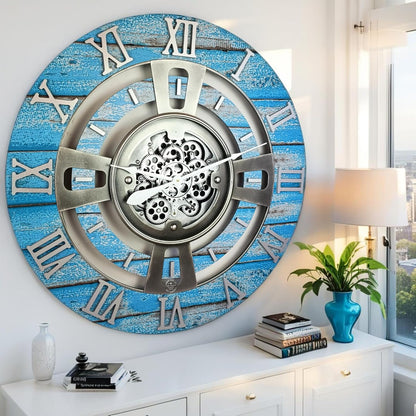 The Gears Clock Real Moving Gear Wall Clock England Line (Ocean Blue, 36 inches (90 cm))