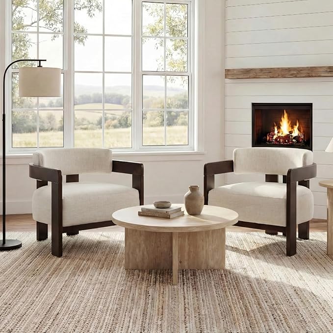 Beige Barrel Accent Chair, Cozy Upholstered Linen Living Room Chair for Bedroom, Walnut Wood Frame, Vintage Modern Lounge Reading Chair for Apartment Waiting Room Office,1 PCS, Beige