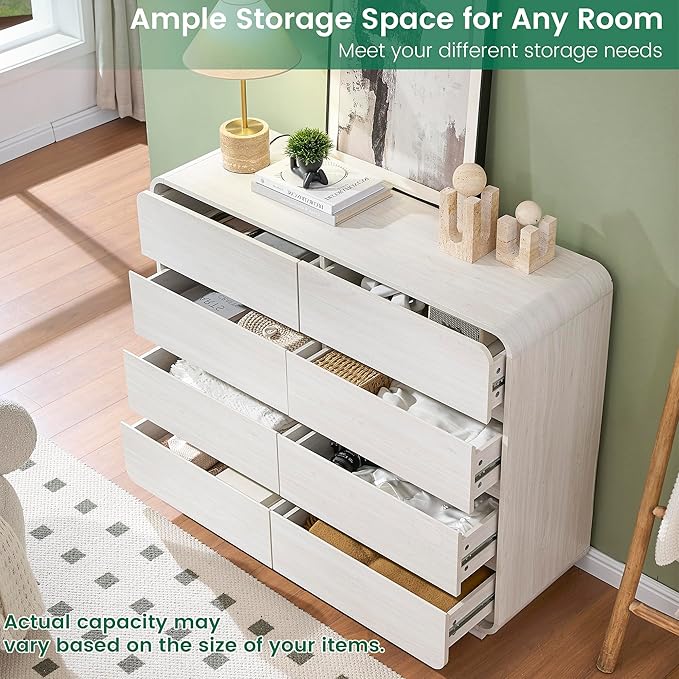 47’’ Wide Dresser with 8 Drawers, White Chest of Drawers with Deep Drawers & Handleless, Wooden Storage Organizer for Bedroom, Living Room, Hallway