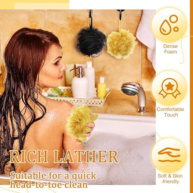 12 Pcs Halloween Bath Loofah Sponge Orange Black Loofah Exfoliating Body Scrubber Shower Sponge 50g Mesh Shower Pouf Balls Gift Set for Women Men Wedding Bathing Accessories(Gold and Black)