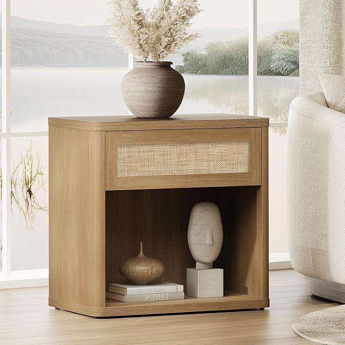 SICOTAS Night Stand Set of 2 26" Wide Large Nightstands with Drawer & Shelf Storage Rattan Bedside Table Boho End Table Tall Bed Side Tables Night Stands for Bedroom Living Room Sofa Office, Amber Oak