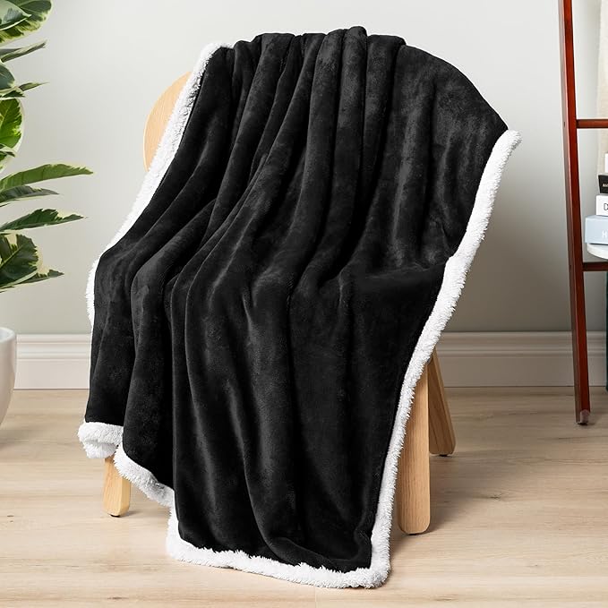 PAVILIA Sherpa Fleece Throw Blanket for Couch, Black, Plush Soft Fuzzy Sofa Blanket, Cozy Reversible Winter Throw for Women Men, 50x60 Inches