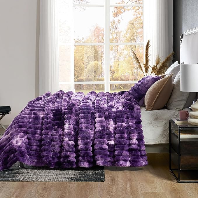 Cozy Bliss Faux Fur Throw Blanket for Couch, Cozy Warm Plush Striped Blanket for Sofa Bedroom Living Room, 108 * 90 Inches Tie-dye Purple