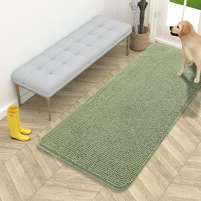 OLANLY Dog Door Mat for Muddy Paws 54x24, Absorbs Moisture and Dirt, Absorbent Non-Slip Washable Doormat, Quick Dry Chenille Mud Mat for Dogs, Entry Indoor Entryway Carpet for Inside Floor, Sage Green