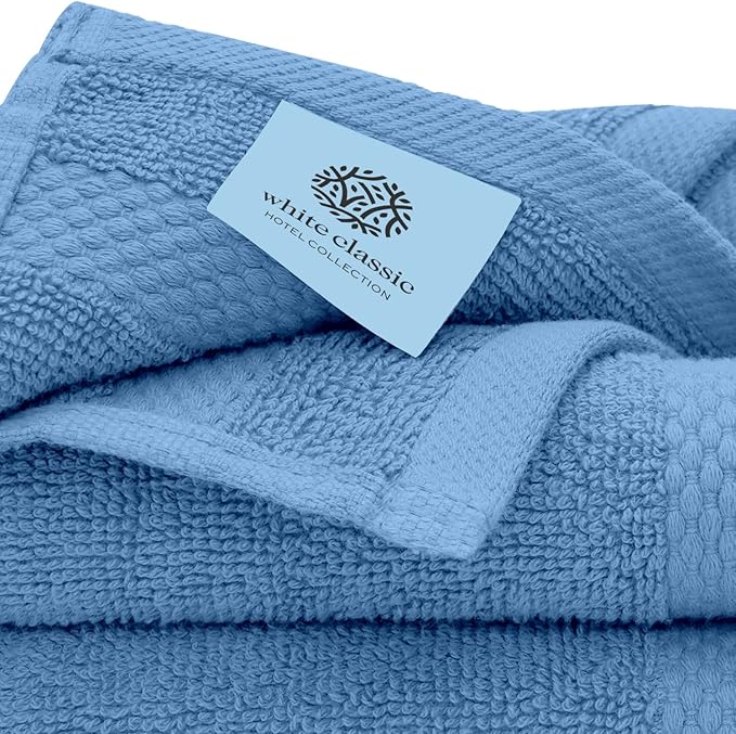 White Classic Luxury Cotton Washcloths 13x13 Inch - 650 GSM Turkish Cotton | Hotel, Spa, Bathroom Face Towel | 12 Pack, Light Blue
