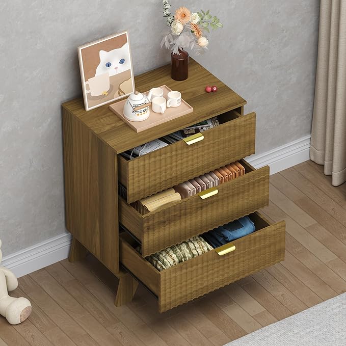 Fluted 3 Drawer Dresser, 30.3" Tall Compact Modern Boho Chest of Drawers, Wooden Storage Cabinet for Bedroom, Living Room, Entryway, Curved Profile Design