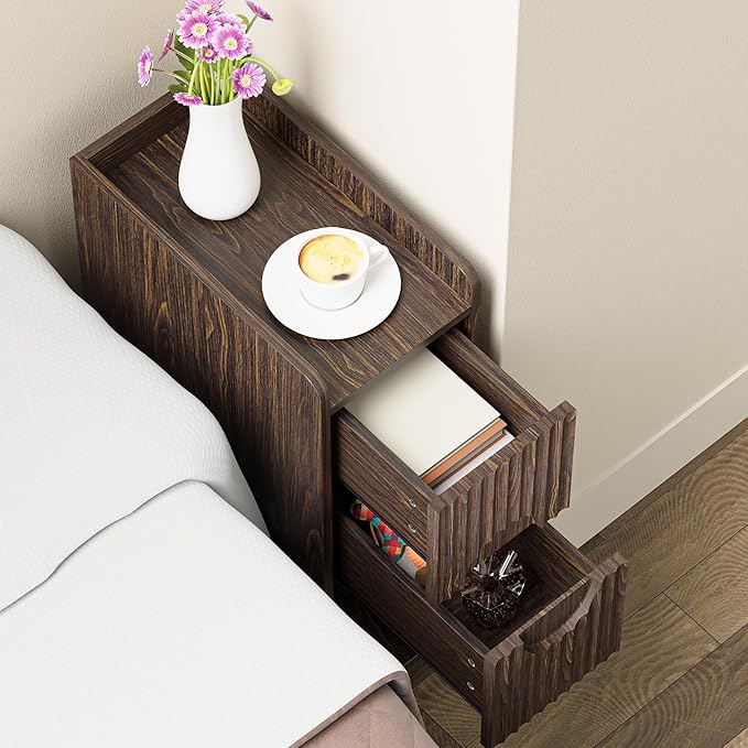 Narrow Nightstand Set of 2, Wood 2 Drawer Narrow Nightstand, Skinny Night Stand with Open Storage, Mid Century Modern Slim Bedside Table for Bedroom, Walnut