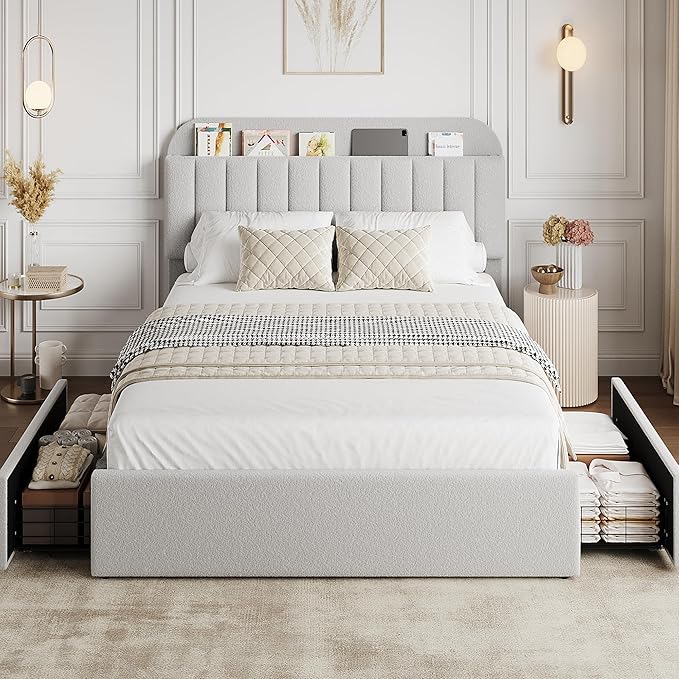 Jojoka Queen Bed Frame with Storage Headboard and 2 Drawers, Boucle Upholstered Platform Bed, Modern Girls Bed Frames for Rooms, No Box Spring Needed, Easy Assembly, Grey