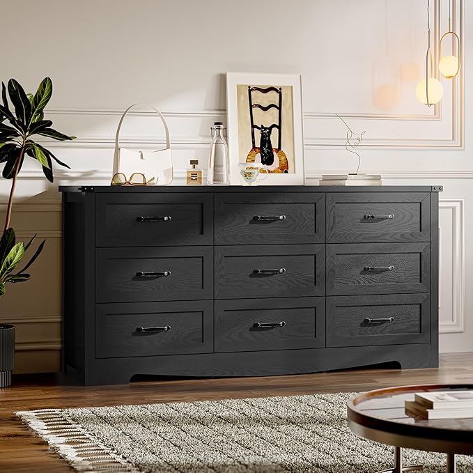 9-Drawer Dresser for Bedroom, Modern Wooden Chest of Drawers with Metal Handles, Anti-Tipping Design, Sturdy and Stable Storage Organizer for Living Room, Entryway, Home Office