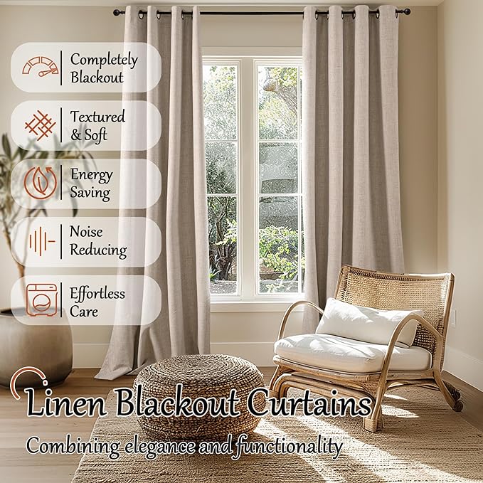 Beige 100% Blackout Curtains for Living Room 90 Inch Length 2 Panels Set, Thermal Insulated Light Blocking Faux Linen Curtains for Bedroom, Bronze Grommet Boho Window Drape Each 52" Wide