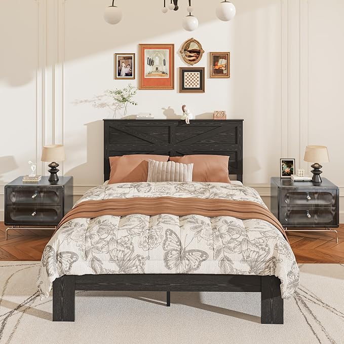 Queen Size Bed Frame with Farmhouse Headboard, Rustic Wooden Bedframe with LED Lights and Charging Station, Easy Assembly, No Box Spring Needed (Black, Queen)