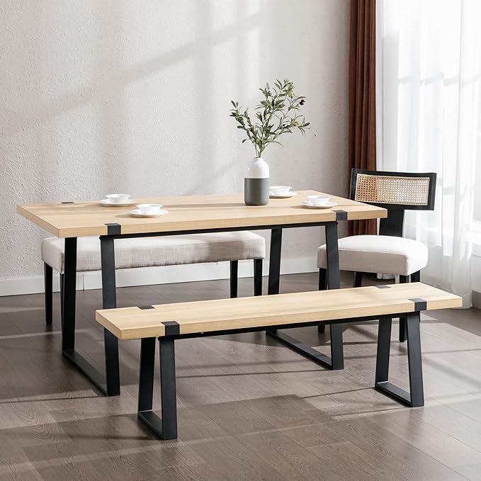 Wahson 60" Dining Bench, Natural Wooden Table Bench with Metal Legs, Modern Kitchen Bench for Enrtyway/Indoor/Dining Room