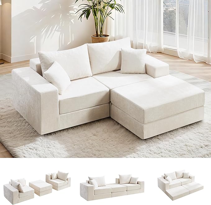 Boneless Sectional Loveseat Couch with Ottoman, Convertible Modular Floor Sleeper Sofa Bed, Comfy Foldable Compression Love Seat Sofa for Living Room, No Assembly, Beige