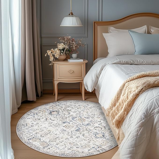jinchan Kalen Round Rug 5ft Area Rug Washable Vintage Indoor Retro Accent Entryway Floor Cover Distressed Floral 5' Round Circle Boho Non Slip Thin Carpet for Bedroom Living Room Dining Room Blue