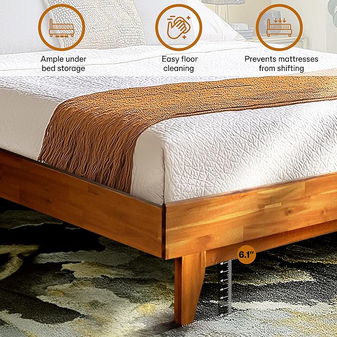 Acacia Aurora 800 lbs Capacity Queen Bed Frame and Headboard Solid Wood Platform Bed, Contemporary Signature Wood Bed Frame Compatible with All Mattress Types 30 Mins Assembly, Caramel