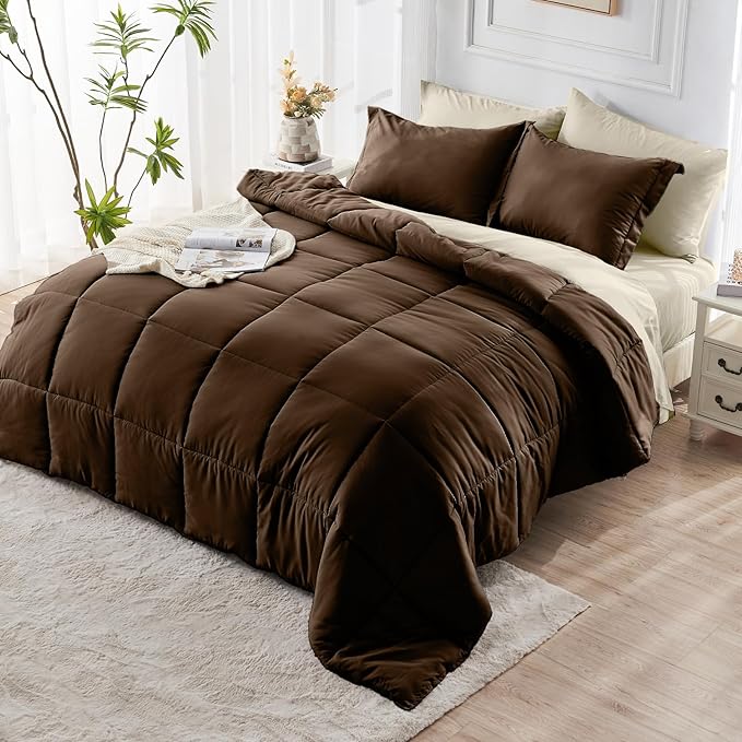 JOLLYVOGUE Twin Comforter Set, Ultra-Soft Bed in a Bag Twin Size 5 Pieces, Oeko-TEX Certified Bedding Set with Down Alternative Comforter, Sheets, Pillowcases & Shams, Brown & Beige