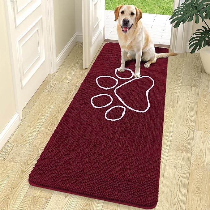 OLANLY Dog Door Mat for Muddy Paws 70x24, Paw Print Design, Absorbs Moisture and Dirt, Absorbent Non-Slip Washable Doormat, Quick Dry Chenille Mud Mat for Dogs, Entry Indoor Entryway Carpet, Burgundy