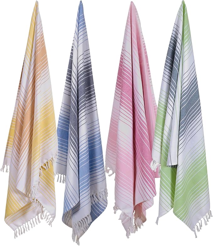 Native Fab Oversized Beach Towel, 4 Pack, 40x71 inches 100% Cotton Turkish Peshtemal for Adults,Soft & Absorbent, Extra Large Beach Towel for Hammam Spa Beach Blanket Bath, Cabana Strips, Multi Color