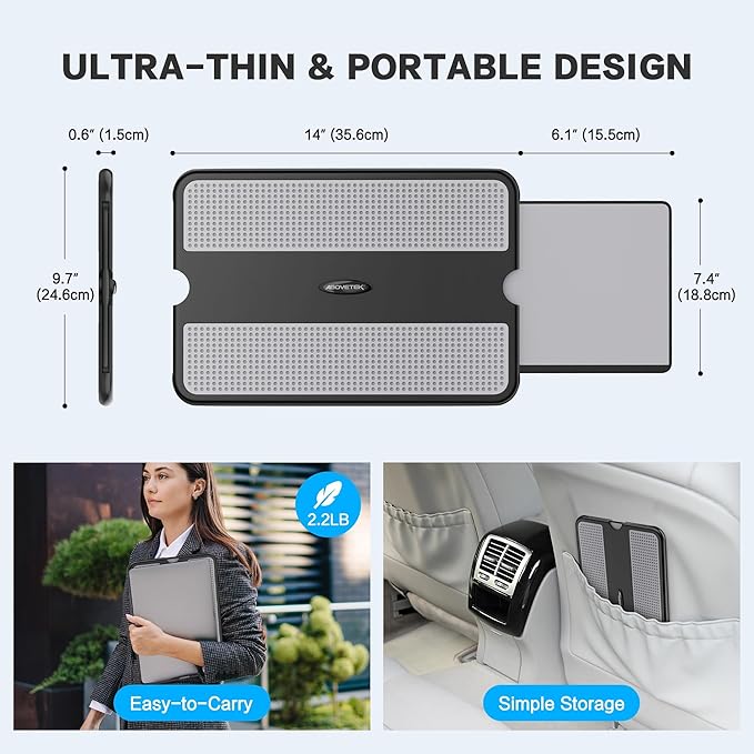 AboveTEK Portable Laptop Lap Desk w/Retractable Left/Right Mouse Pad Tray, Non-Slip Heat Shield Tablet Notebook Computer Stand Table w/Sturdy Stable Work Surface for Bed Sofa Couch or Travel