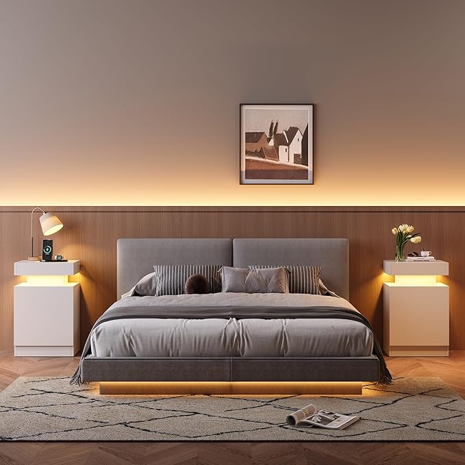 MXV Nightstand Set of 2 with LED Lights,Night Stand with Storage Cabinet for Bedroom,Bedside Table with LED (White, 15IN)