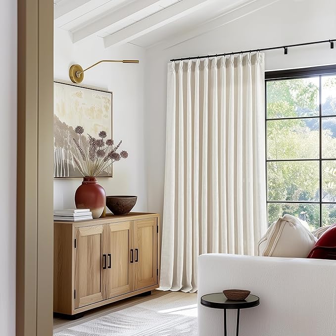 Extra Wide Pinch Pleat Linen Curtains 120 Inches Long for Living Room Sliding Glass Door 70 Inch Wide Sheer Curtain Cream Ivory Boho Pleated Drape with Hooks Rings 70x120 Large Window Curtain 1 Panel