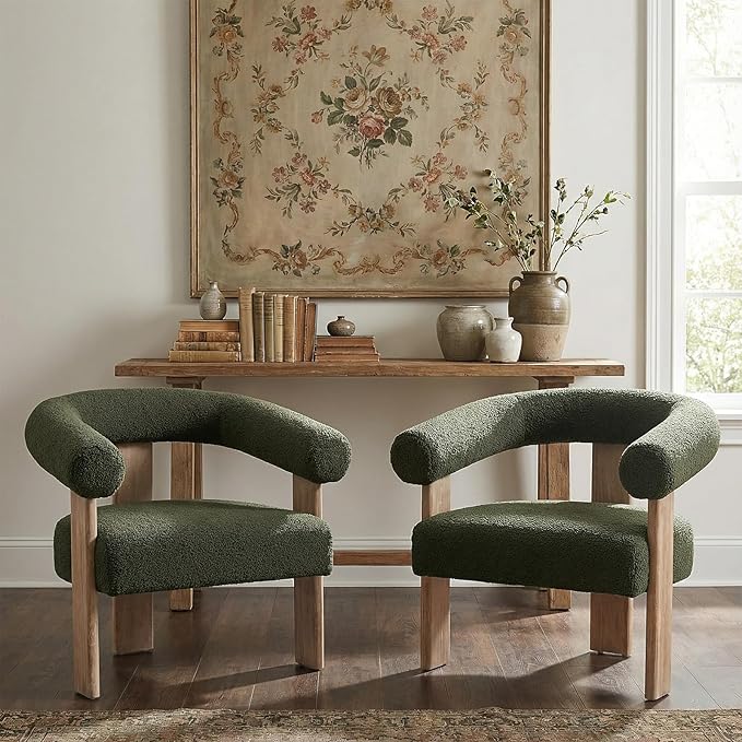 VKNOW Accent Chair Living Room Chair, Modern Upholstered Arm Chair with Solid Wood Legs, Comfy Barrel Accent Chair for Living Room, Bedroom, Green