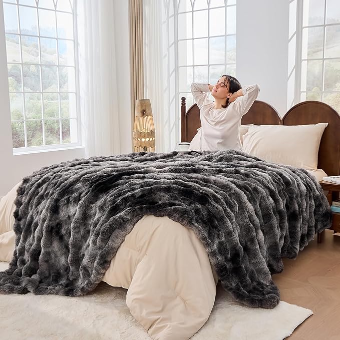 Fluffy Faux Rabbit Fur Throw Blanket - Soft, Luxury, Cozy Thick Warm Decorative Bubble Blanket for Bed, Sofa (Throw Size 50''x60'', Tie-Dyed Dark Grey)