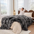 Fluffy Throw Blanket - Luxury Faux Rabbit Fur, Soft, Warm, Cozy & Fuzzy - Tie-Dyed Purple Dark Grey (King Size 108''x90'')