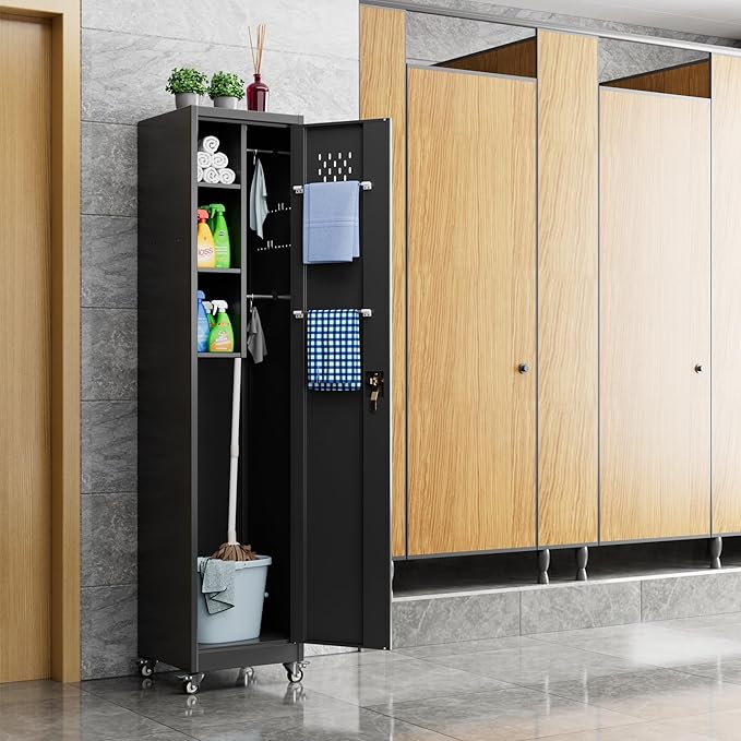 15.75 in Wide Garage Storage Cabinet, Metal Storage Cabinet with Wheels and 2 Adjustable Shelves for Home Offices, Gyms and Pantries, Black
