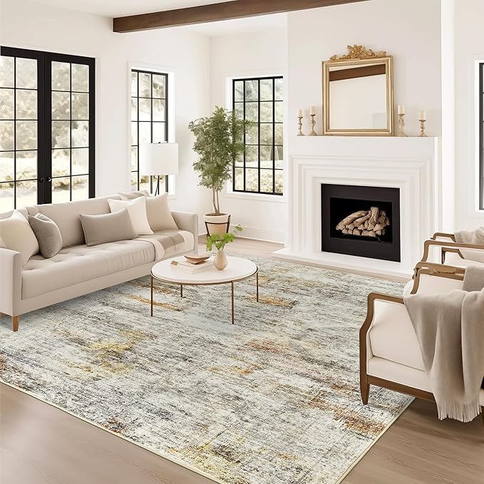 9x12 Area Rugs for Living Room, Non Slip Machine Washable Vintage Rugs, Low Pile Lightweight Large Rug for Bedroom, Dining Room, Home Office Gray Rust