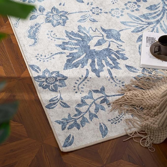 jinchan Torino Runner Rugs 3x10, Vintage-Inspired Floral Design Machine Washable Non-Slip Ultra-Thin Low-Pile Rubber Backing Traditional Rug for Kitchen Hallway Laundry Room Entryway Dark Blue