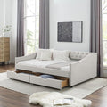 Favfurish Full Size Daybed with 2 Storage Drawers,Linen Upholstered Sofa Bed W/Button on Back & Copper Nail on Waved Shape Armrests,No Spring Box Need,Wood Bedframe for Living Room Bedroom Dorm,Beige