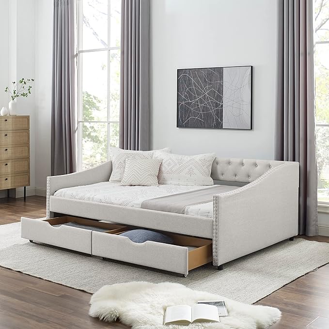 Favfurish Full Size Daybed with 2 Storage Drawers,Linen Upholstered Sofa Bed W/Button on Back & Copper Nail on Waved Shape Armrests,No Spring Box Need,Wood Bedframe for Living Room Bedroom Dorm,Beige