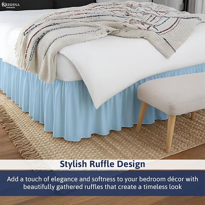 KRISHNA Ruffled Bed Skirt with Split Corners Full, 100% Microfiber Hotel Quality, 21 Inch Drop Dust Ruffle Gathered Bedskirt with Platform, 54" x 75", Light Blue
