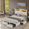 Queen Size Bed Frame with LED Light and Charging Station, Upholstered Bed Frame with 4 Drawers and 2-Tier Storage Headboard, Noise Free, Easy Assembly, Wooden Slats Support, No Box Spring Needed,White