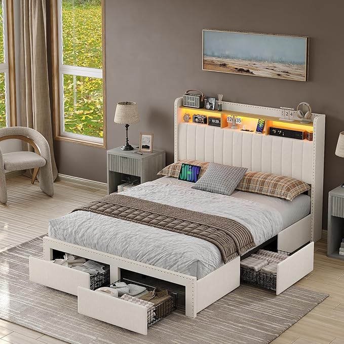 Queen Size Bed Frame with LED Light and Charging Station, Upholstered Bed Frame with 4 Drawers and 2-Tier Storage Headboard, Noise Free, Easy Assembly, Wooden Slats Support, No Box Spring Needed,White