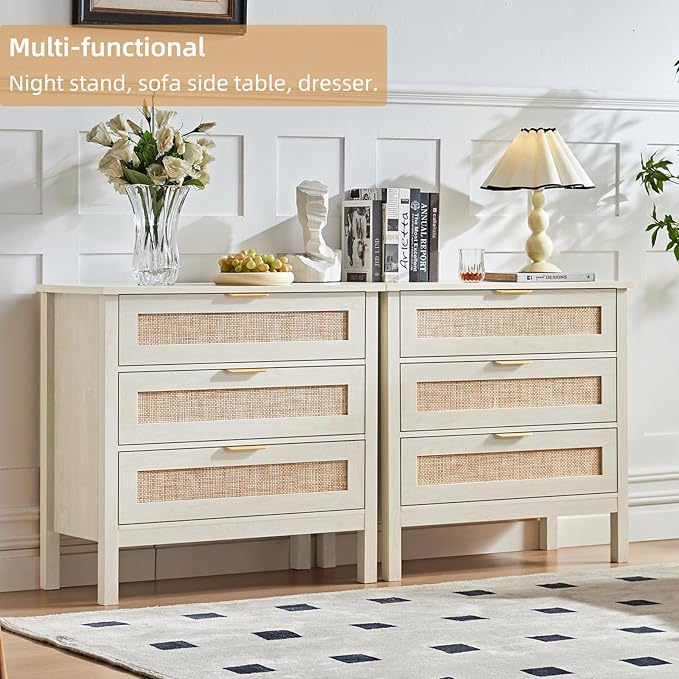 LEYAOYAO 31.5" Wide Rattan Nightstand, Large Boho 3 Drawer Night Stand, Grey White Bedside Table with Storage, Tall Bed Side End Tables, Chest of Drawers Dressers for Bedroom, Living Room, Hallway
