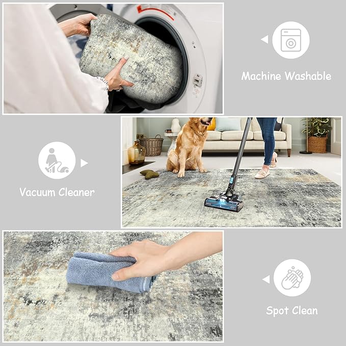 Lahome Modern Abstract Round Rug - 4Ft Grey Small Bathroom Rug Indoor 4x4 Circle Rugs Washable Kitchen Mat, Non Slip Contemporary Bedroom Carpet for Living Dining Room Office Nursery
