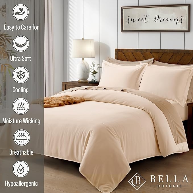 Bella Coterie Luxury Bamboo Viscose California King Size Duvet Cover Set | 100% Organically Grown | Corner Ties | Ultra Soft | Cooling | Two Pillow Shams | 106 x 94 | No Insert [Champagne]