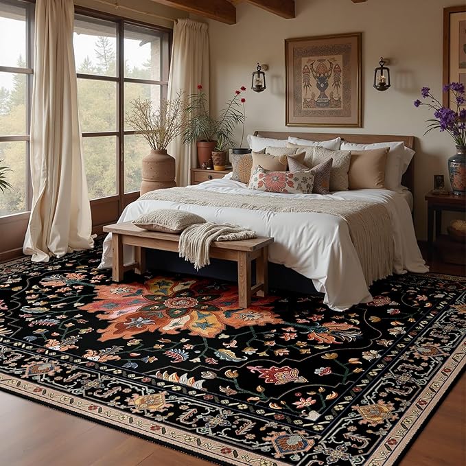 Area Rugs 6'x9' Washable Non-Slip, Floral Vintage Distress Print Pattern Medallion Carpet for Living Room Bedroom Dining Room, Black Colorful Floral Dark Tan