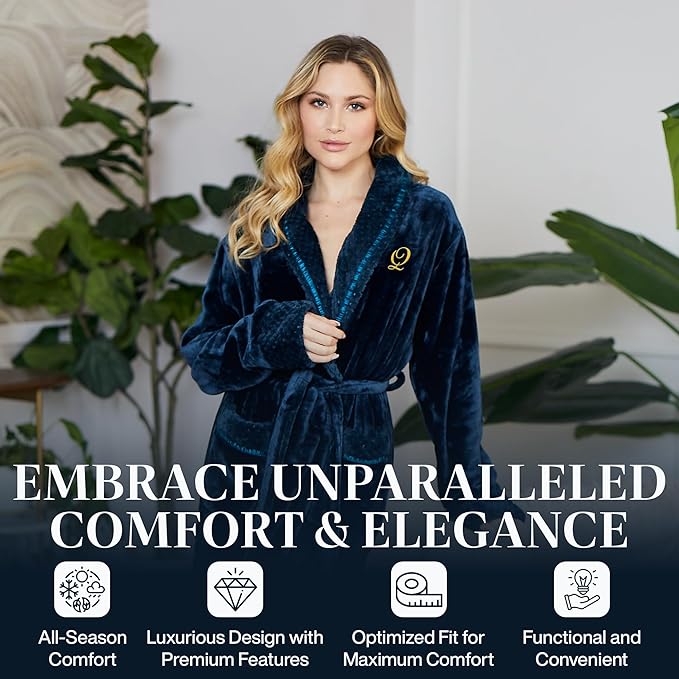 Lotus Linen Plush Robes for Women - Soft Bathrobe, Custom Monogram, Warm Fleece Robe with Pockets